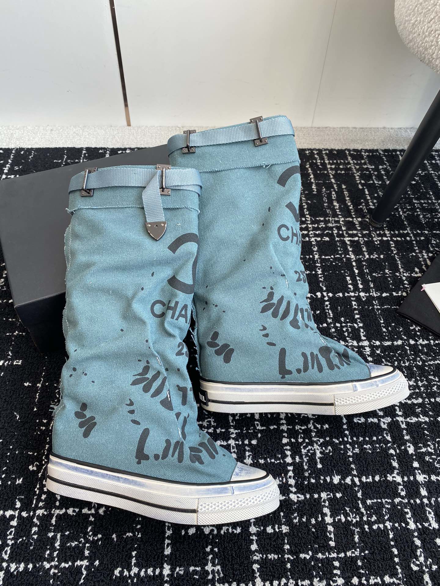 CHANEL HIGH BOOTS IN SAPPHIRE BLUE CANVAS