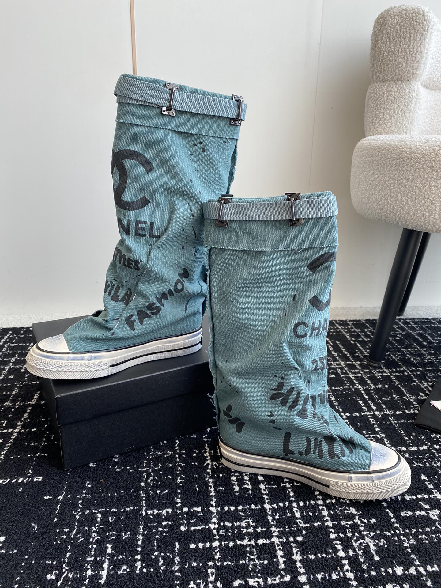 CHANEL HIGH BOOTS IN SAPPHIRE BLUE CANVAS