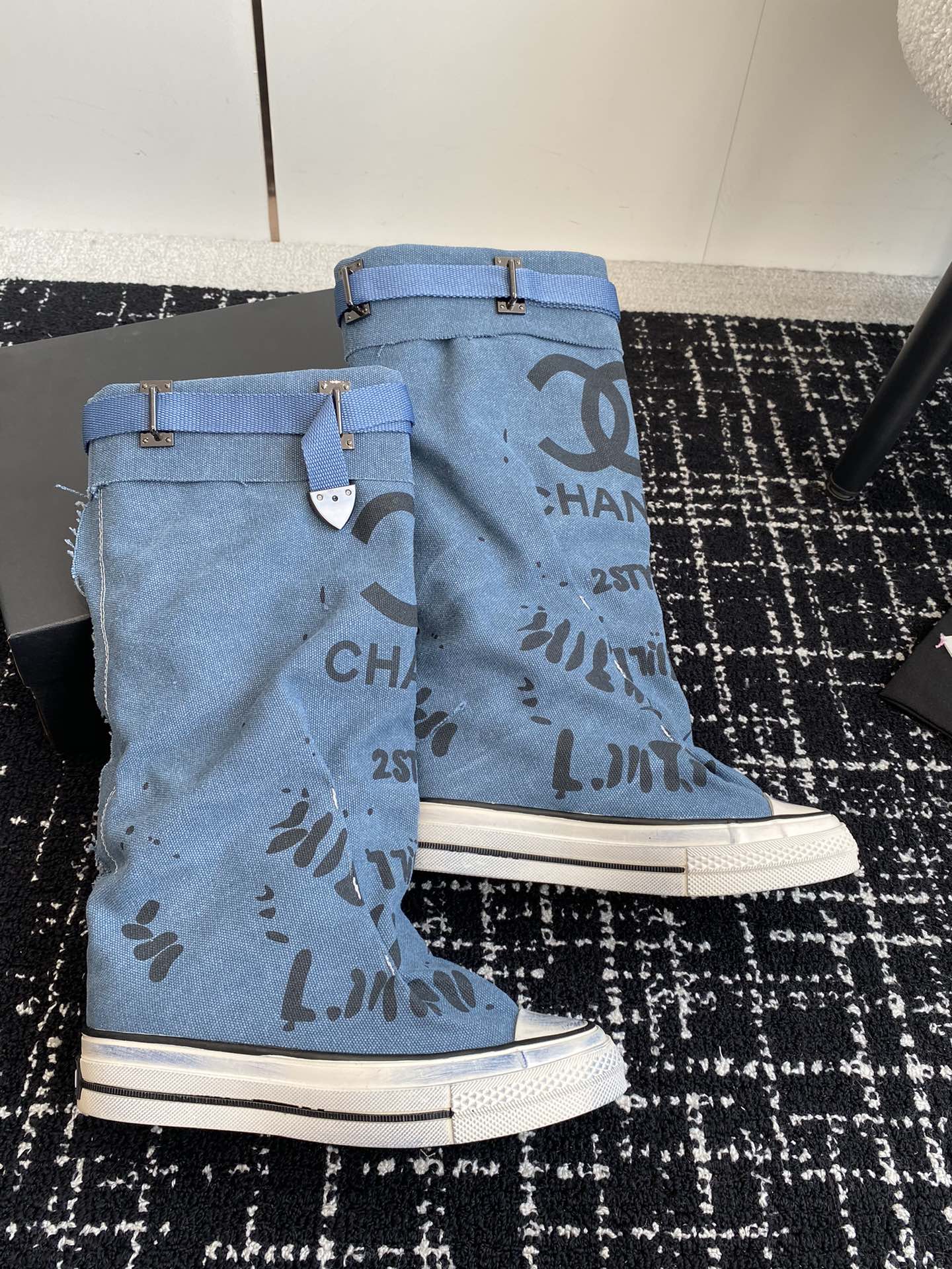 CHANEL HIGH BOOTS IN OCEAN BLUE CANVAS