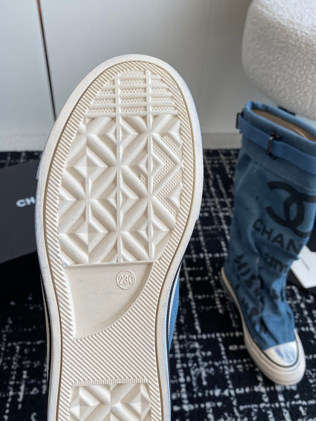 CHANEL HIGH BOOTS IN OCEAN BLUE CANVAS