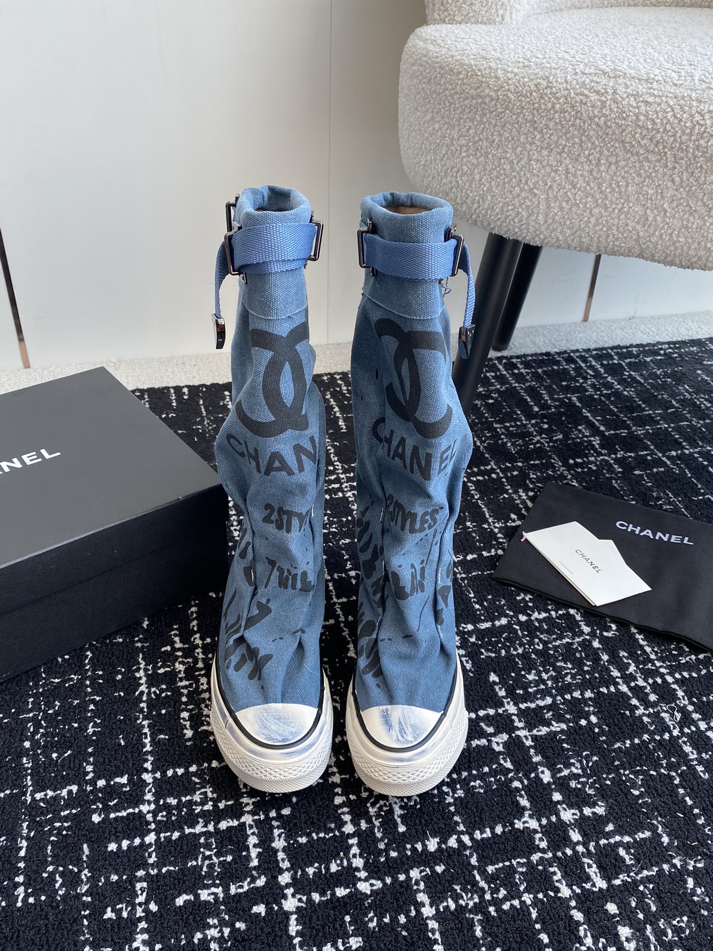 CHANEL HIGH BOOTS IN OCEAN BLUE CANVAS