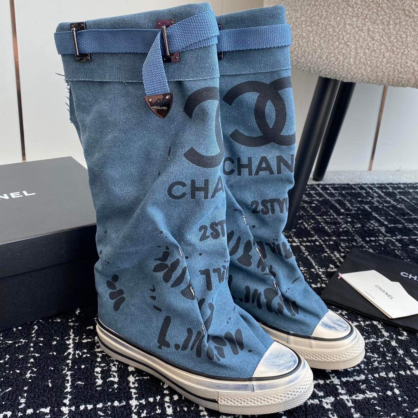 CHANEL HIGH BOOTS IN OCEAN BLUE CANVAS