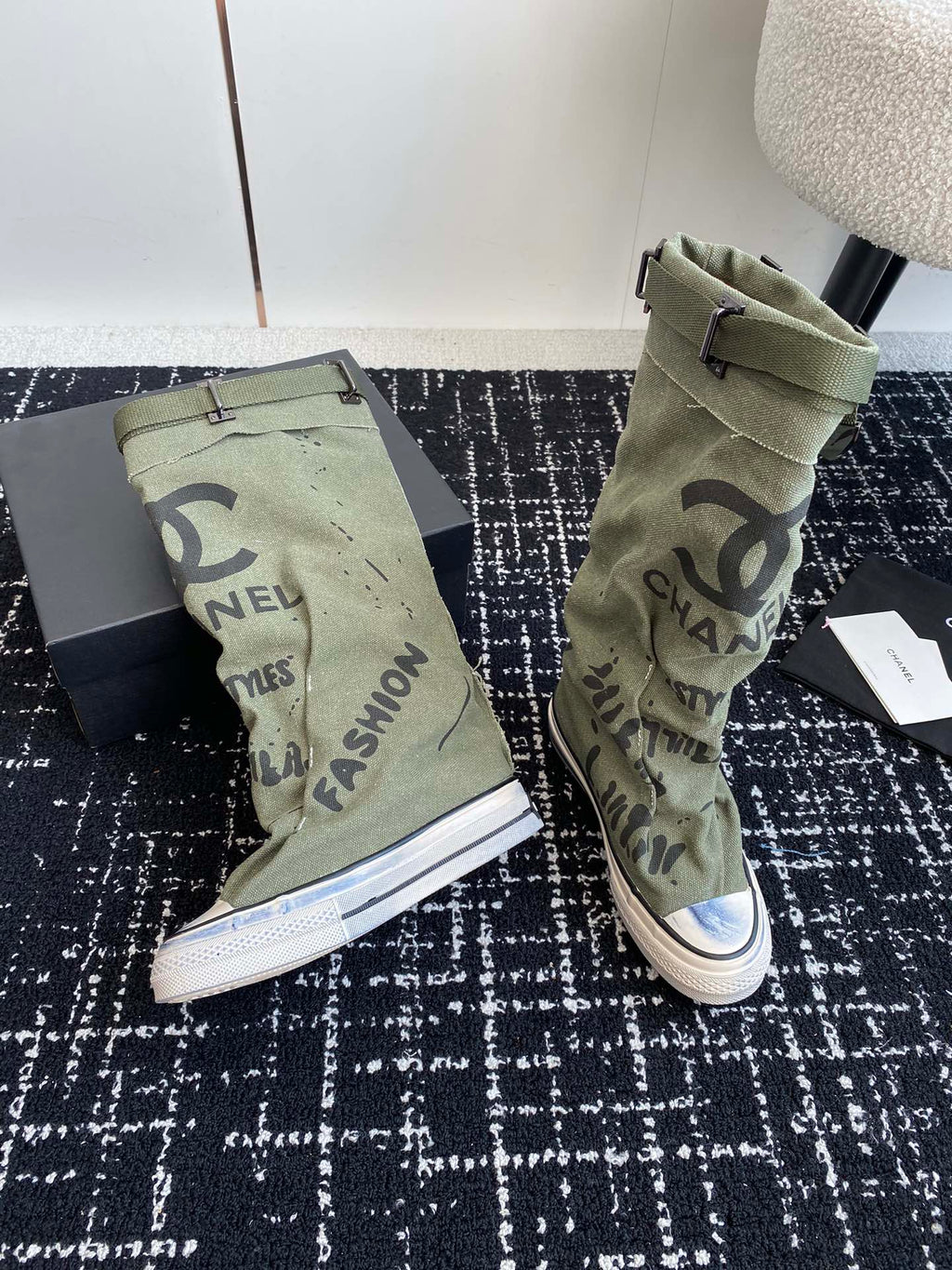 CHANEL HIGH BOOTS IN ARMY GREEN CANVAS