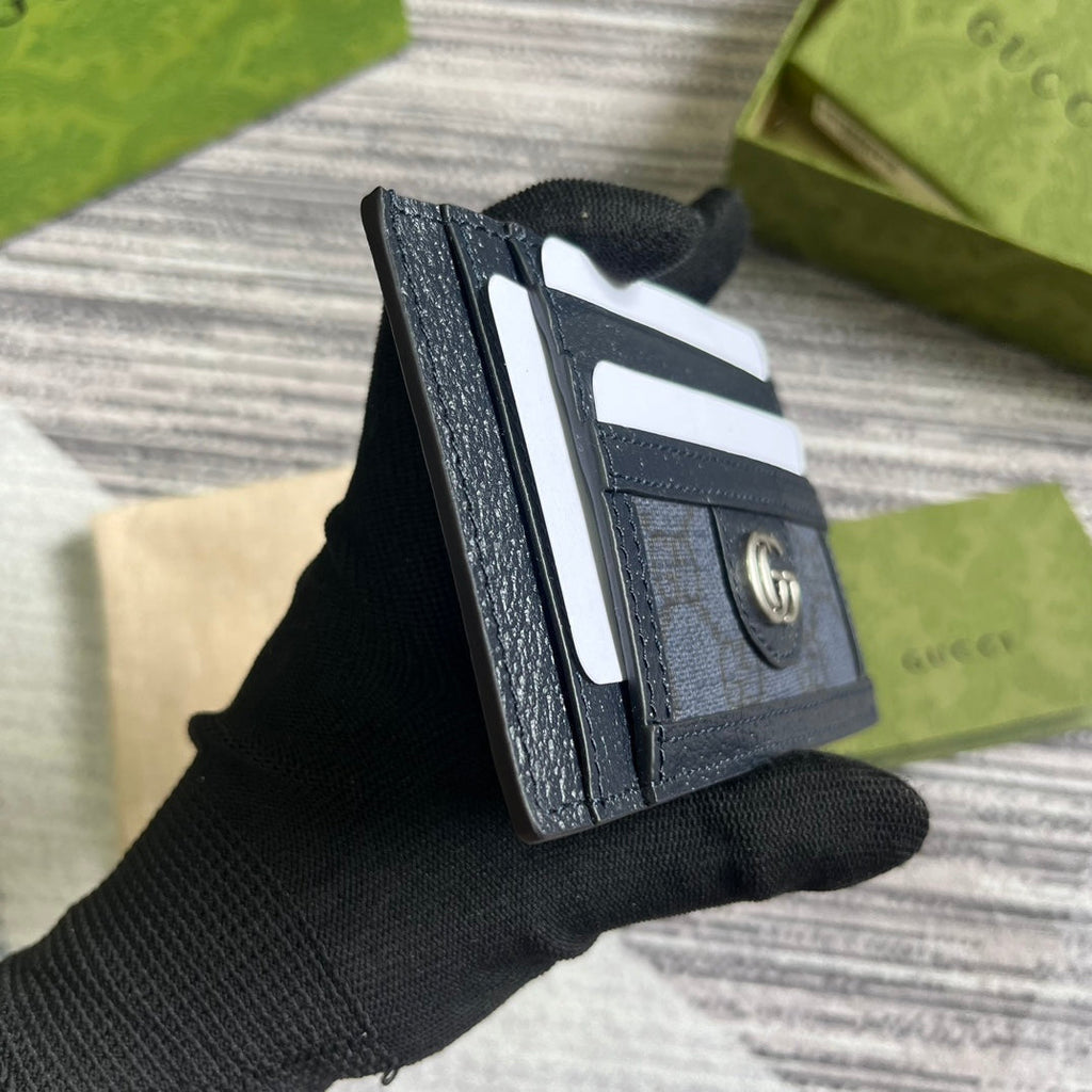 GUCCI OPHIDIA  11 CARD CASE DARK BLUE CANVAS AND BLACK CALFSKIN