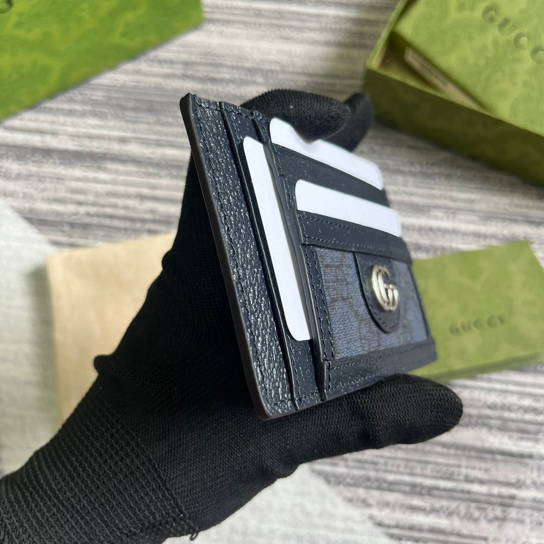 GUCCI OPHIDIA  11 CARD CASE DARK BLUE CANVAS AND BLACK CALFSKIN
