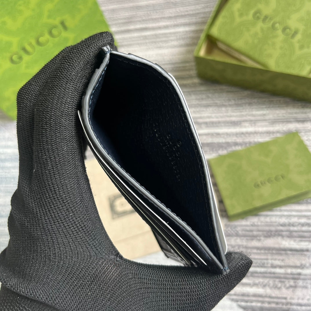 GUCCI OPHIDIA  11 CARD CASE DARK BLUE CANVAS AND BLACK CALFSKIN
