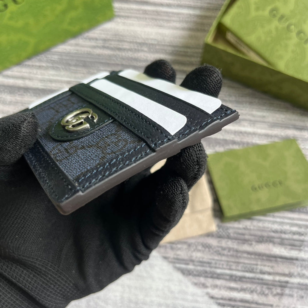 GUCCI OPHIDIA  11 CARD CASE DARK BLUE CANVAS AND BLACK CALFSKIN