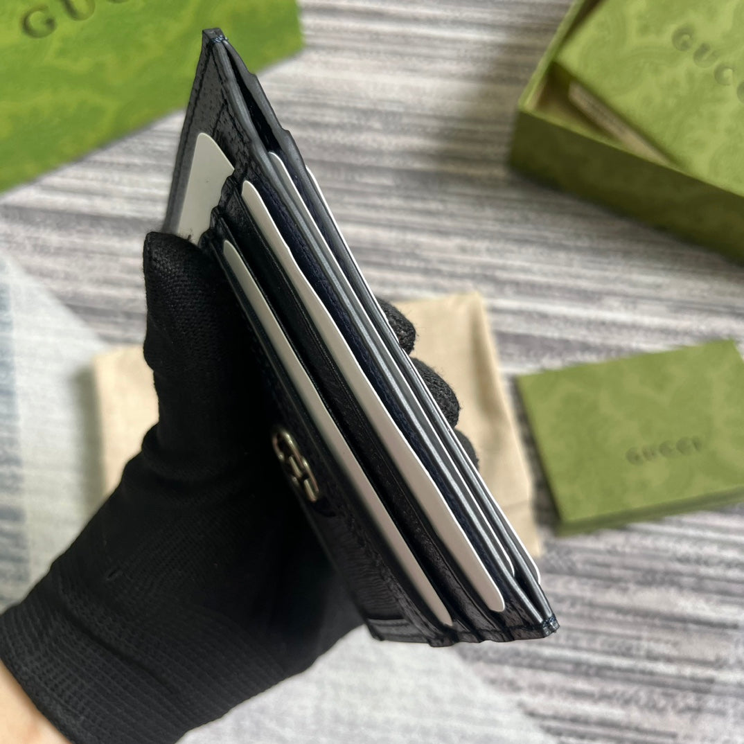GUCCI OPHIDIA  11 CARD CASE DARK BLUE CANVAS AND BLACK CALFSKIN