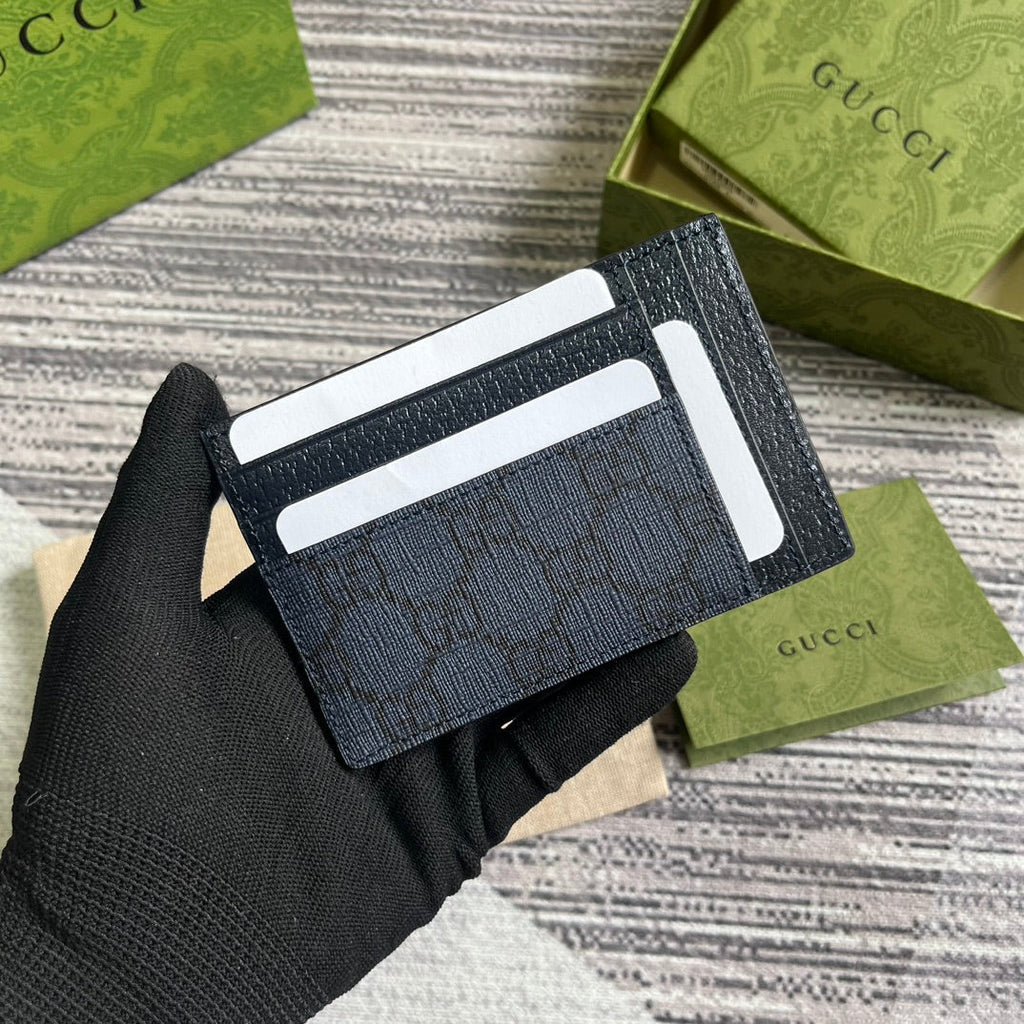 GUCCI OPHIDIA  11 CARD CASE DARK BLUE CANVAS AND BLACK CALFSKIN