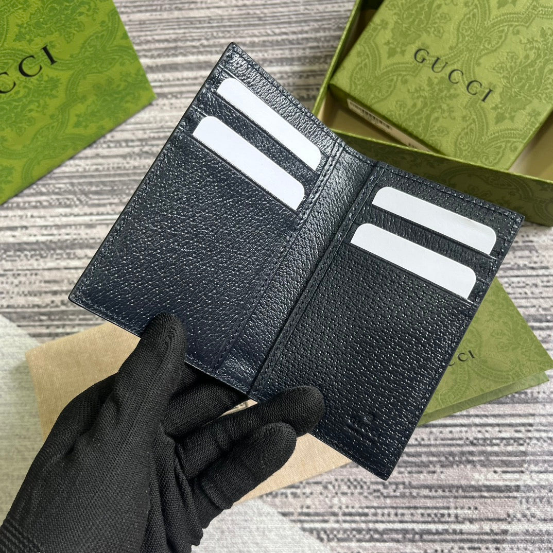 GUCCI OPHIDIA  12 CARD CASE DARK BLUE CANVAS AND BLACK CALFSKIN