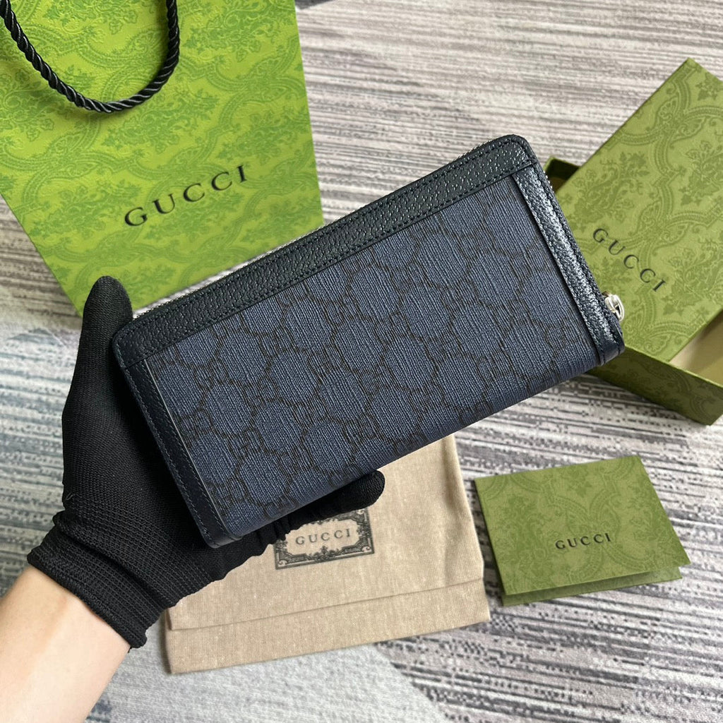 GUCCI OPHIDIA  19 ZIP AROUND WALLET DARK BLUE CANVAS AND BLACK CALFSKIN