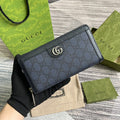 GUCCI OPHIDIA  19 ZIP AROUND WALLET DARK BLUE CANVAS AND BLACK CALFSKIN