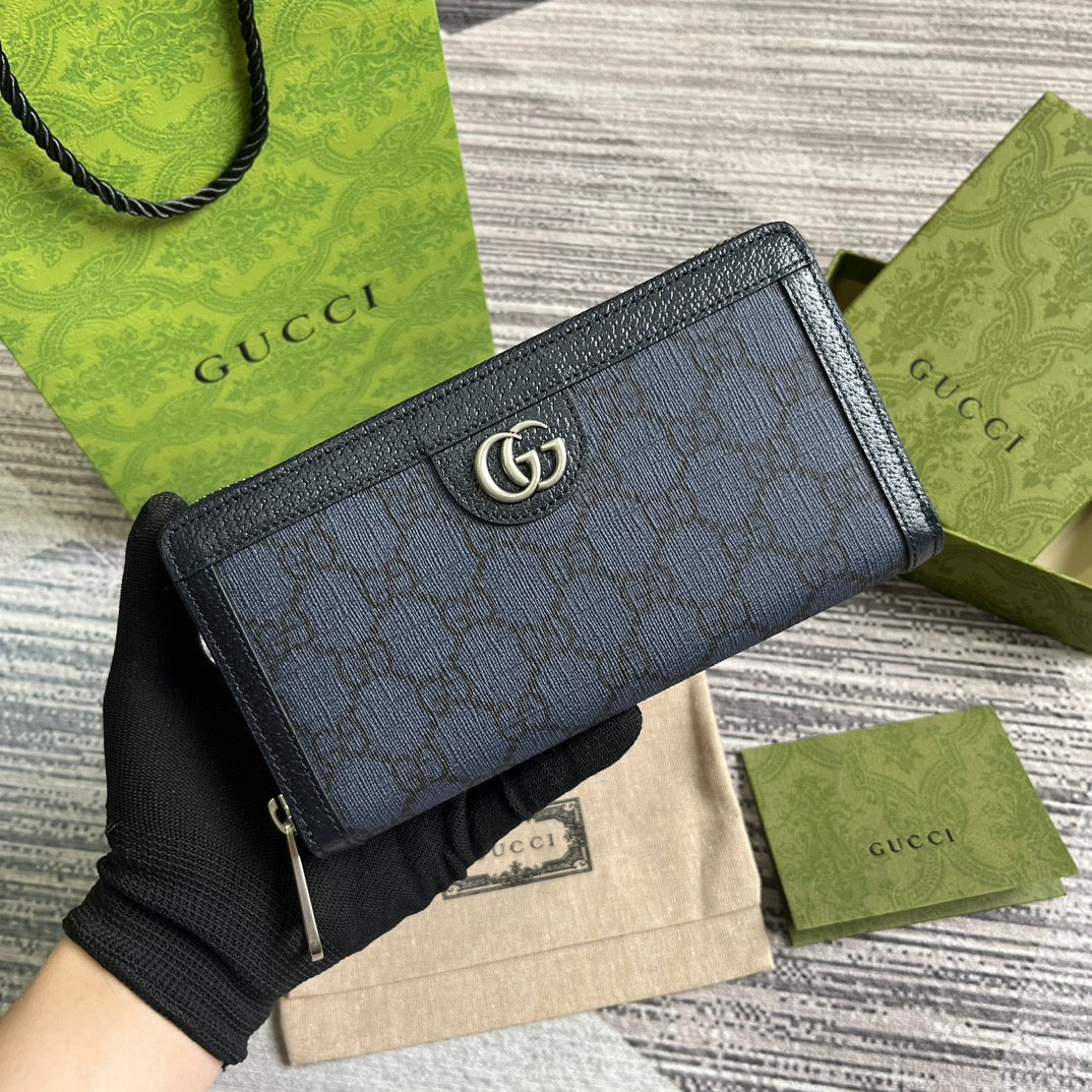 GUCCI OPHIDIA  19 ZIP AROUND WALLET DARK BLUE CANVAS AND BLACK CALFSKIN