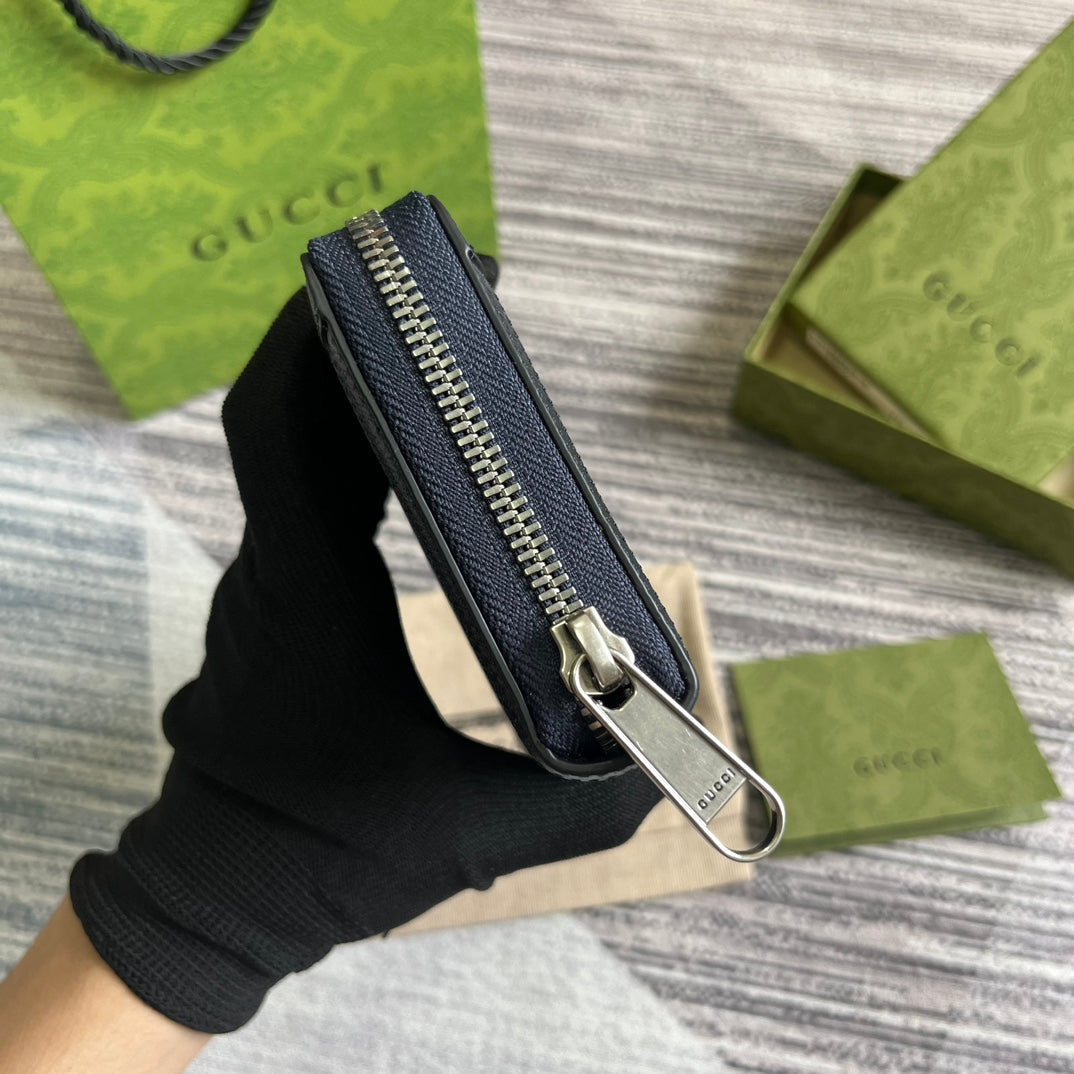 GUCCI OPHIDIA  19 ZIP AROUND WALLET DARK BLUE CANVAS AND BLACK CALFSKIN
