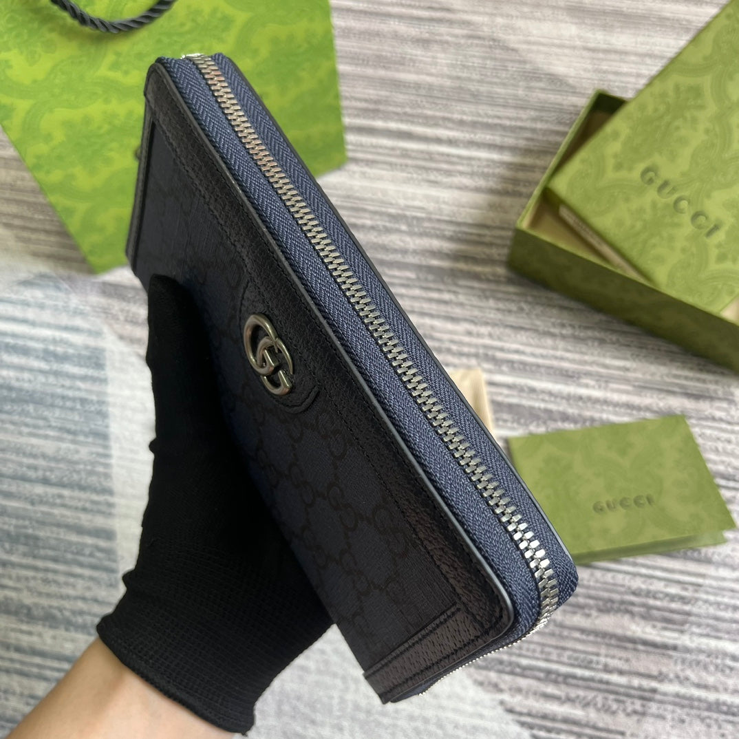 GUCCI OPHIDIA  19 ZIP AROUND WALLET DARK BLUE CANVAS AND BLACK CALFSKIN