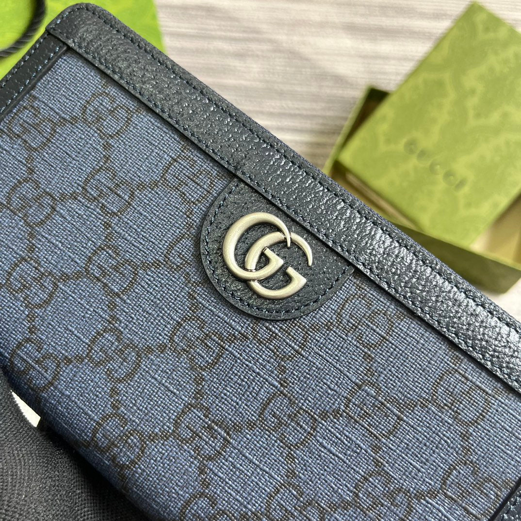 GUCCI OPHIDIA  19 ZIP AROUND WALLET DARK BLUE CANVAS AND BLACK CALFSKIN
