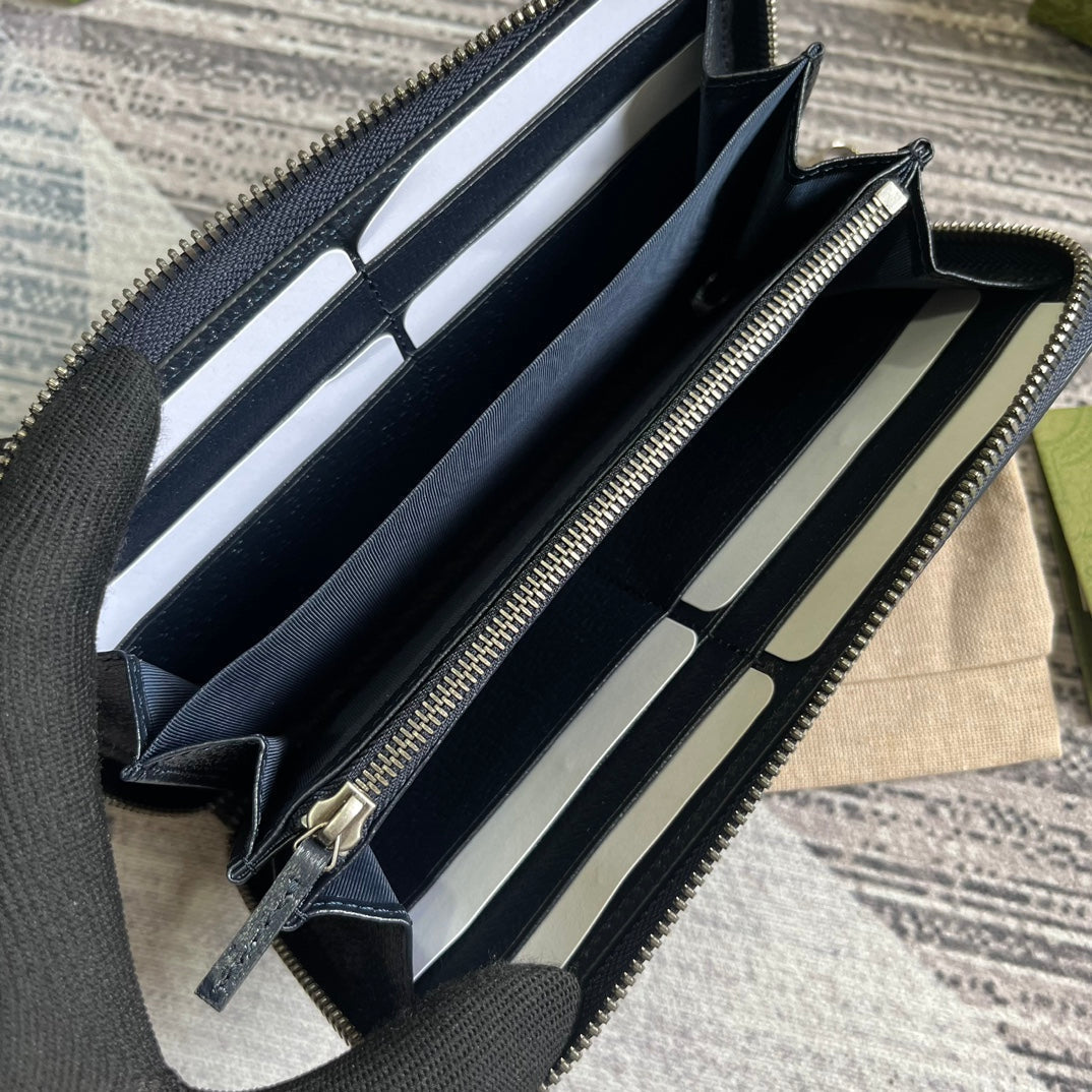GUCCI OPHIDIA  19 ZIP AROUND WALLET DARK BLUE CANVAS AND BLACK CALFSKIN