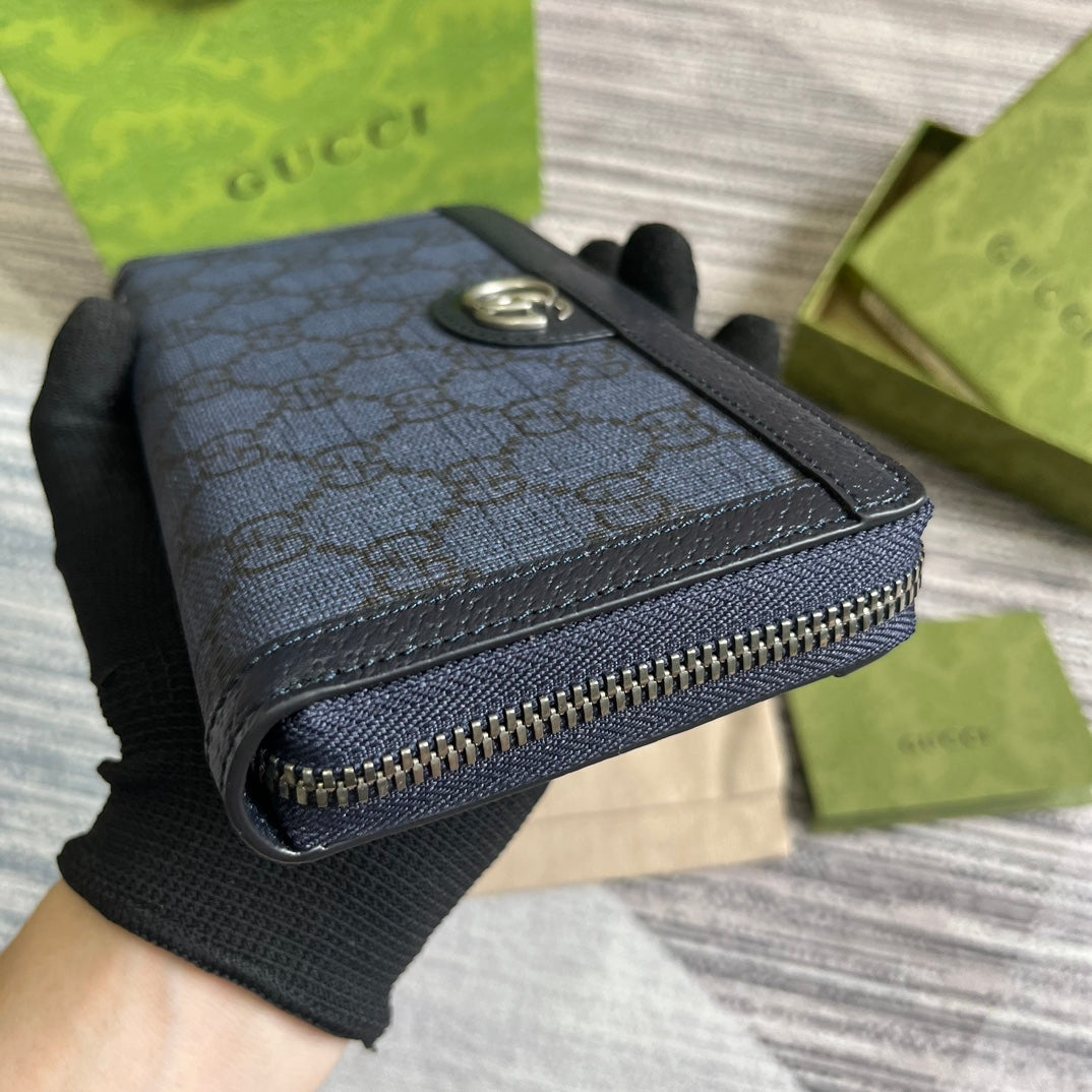 GUCCI OPHIDIA  19 ZIP AROUND WALLET DARK BLUE CANVAS AND BLACK CALFSKIN