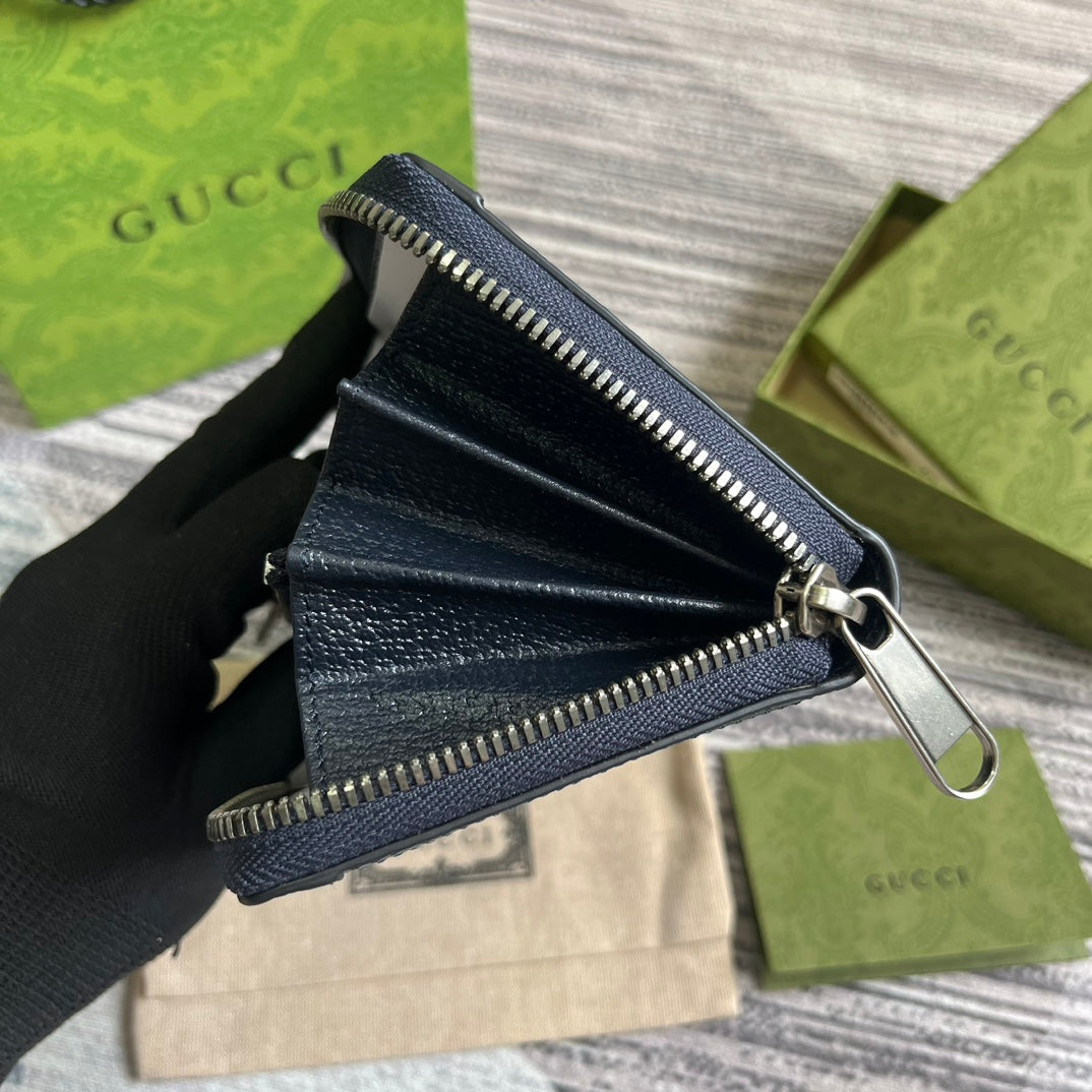 GUCCI OPHIDIA  19 ZIP AROUND WALLET DARK BLUE CANVAS AND BLACK CALFSKIN
