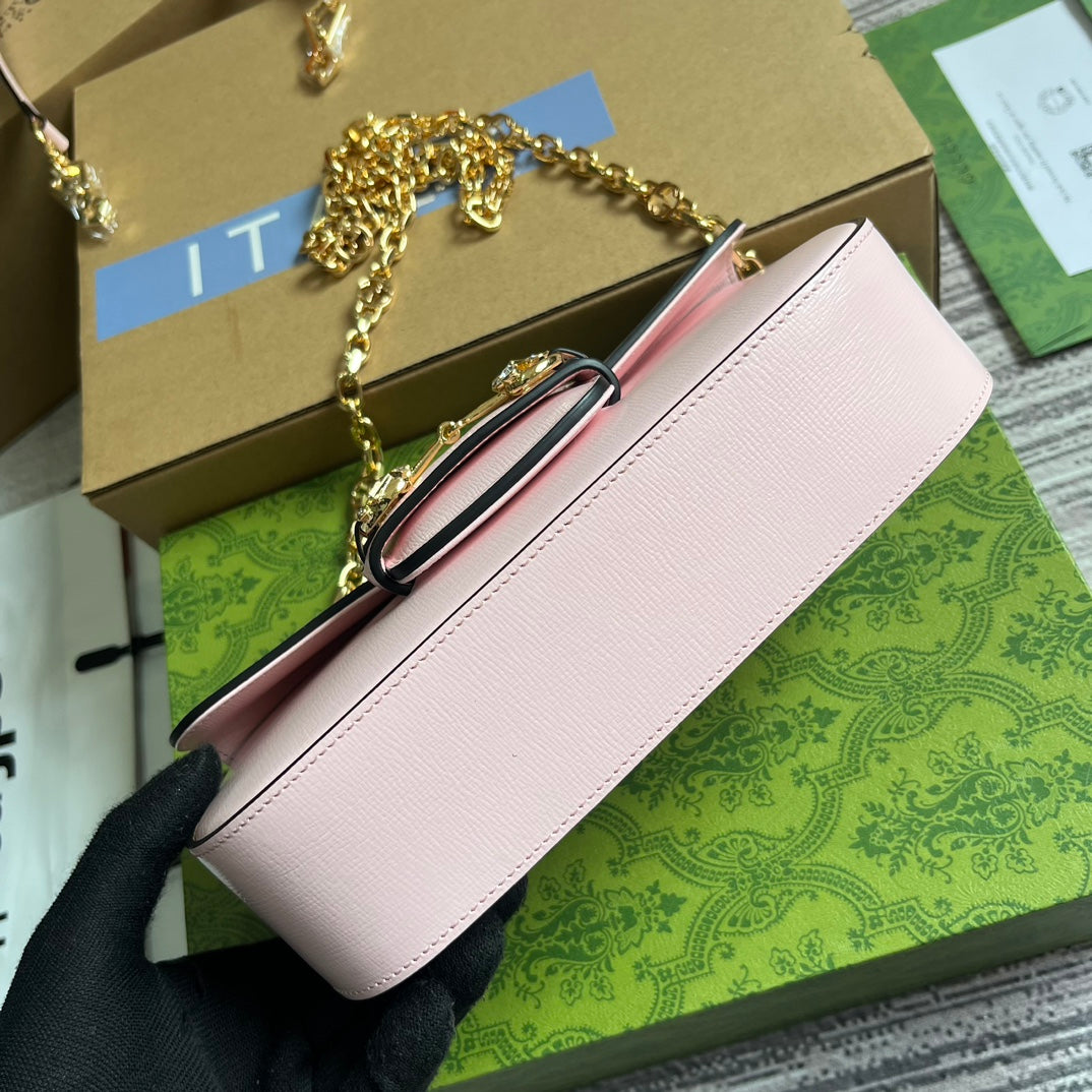 GUCCI DIAMOND HORSEBIT SHOULDER BAG 24 IN LIGHT PINK CALFSKIN GOLD HARDWARE