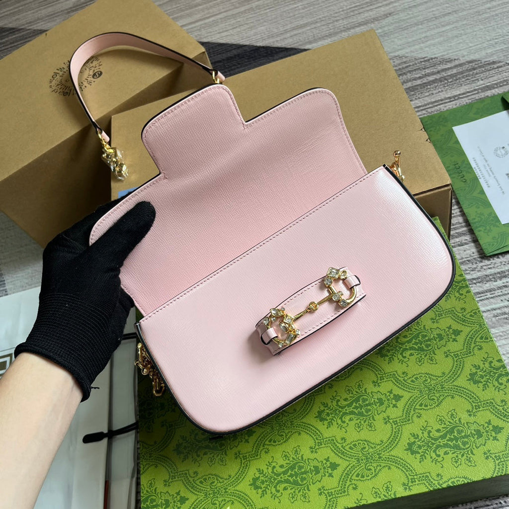 GUCCI DIAMOND HORSEBIT SHOULDER BAG 24 IN LIGHT PINK CALFSKIN GOLD HARDWARE