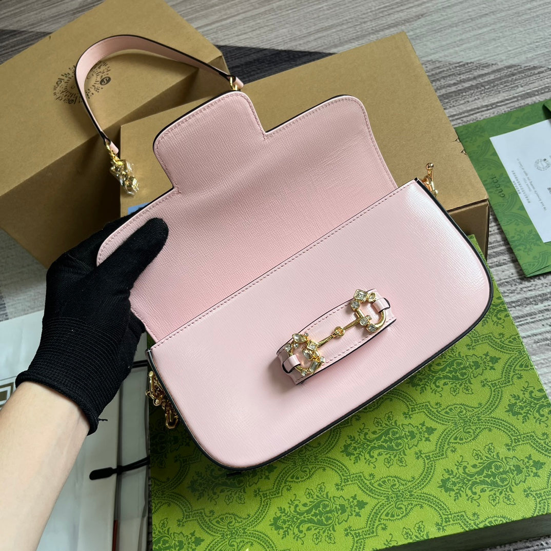 GUCCI DIAMOND HORSEBIT SHOULDER BAG 24 IN LIGHT PINK CALFSKIN GOLD HARDWARE