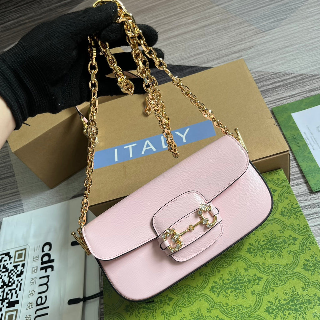 GUCCI DIAMOND HORSEBIT SHOULDER BAG 24 IN LIGHT PINK CALFSKIN GOLD HARDWARE