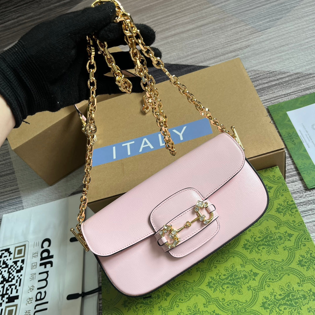 GUCCI DIAMOND HORSEBIT SHOULDER BAG 24 IN LIGHT PINK CALFSKIN GOLD HARDWARE