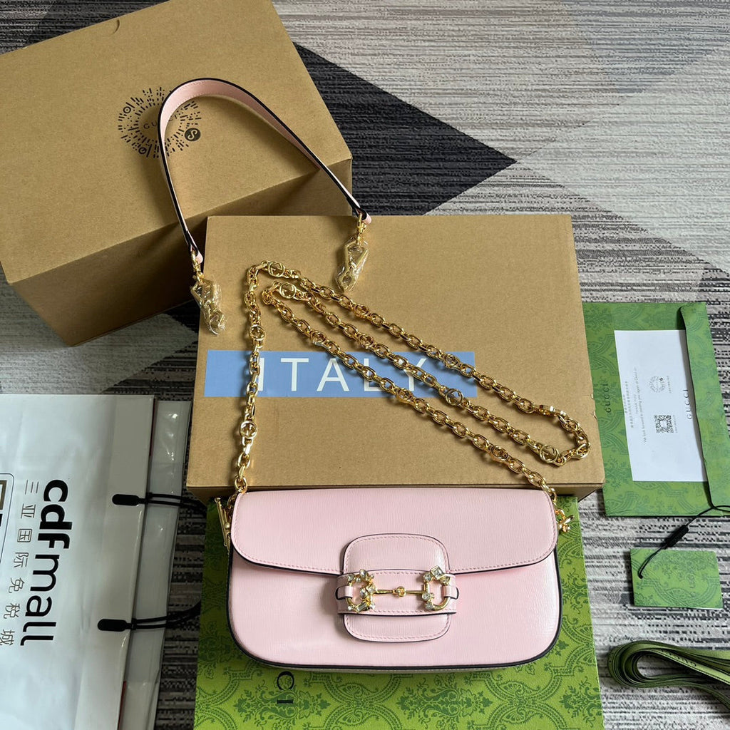 GUCCI DIAMOND HORSEBIT SHOULDER BAG 24 IN LIGHT PINK CALFSKIN GOLD HARDWARE