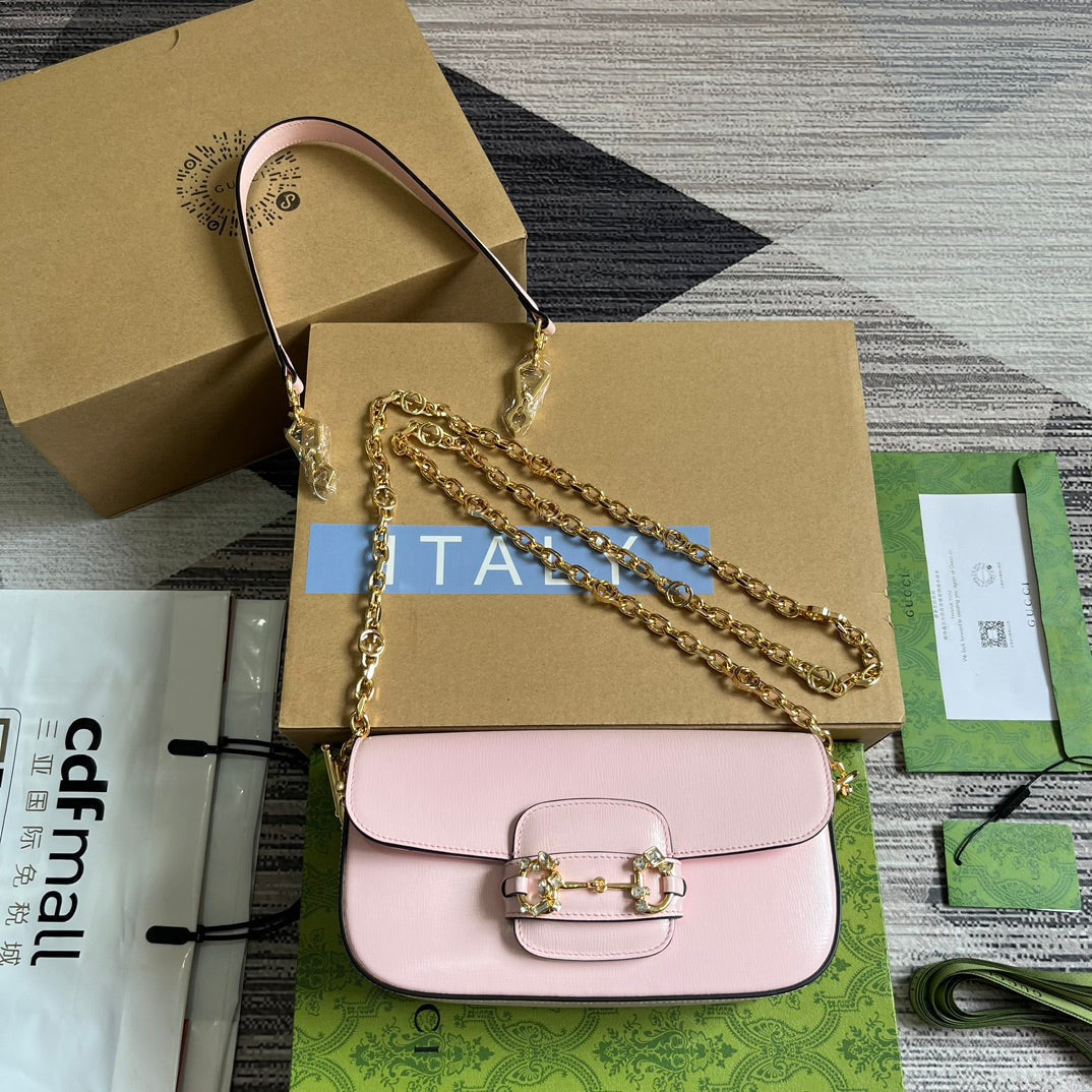 GUCCI DIAMOND HORSEBIT SHOULDER BAG 24 IN LIGHT PINK CALFSKIN GOLD HARDWARE