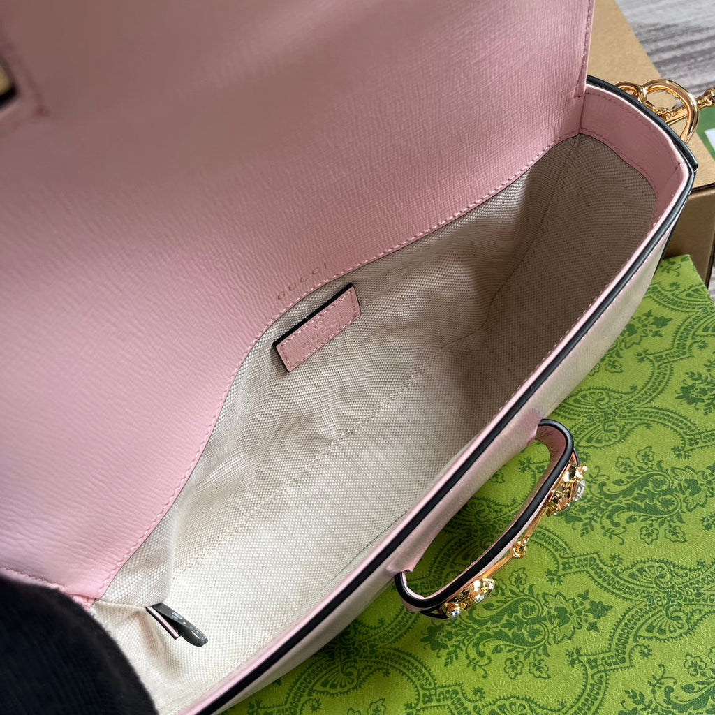 GUCCI DIAMOND HORSEBIT SHOULDER BAG 24 IN LIGHT PINK CALFSKIN GOLD HARDWARE