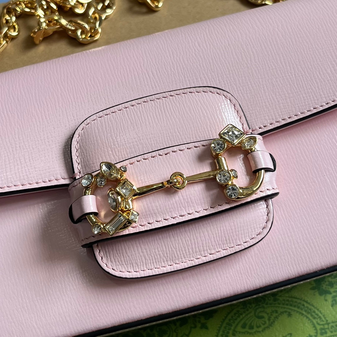 GUCCI DIAMOND HORSEBIT SHOULDER BAG 24 IN LIGHT PINK CALFSKIN GOLD HARDWARE