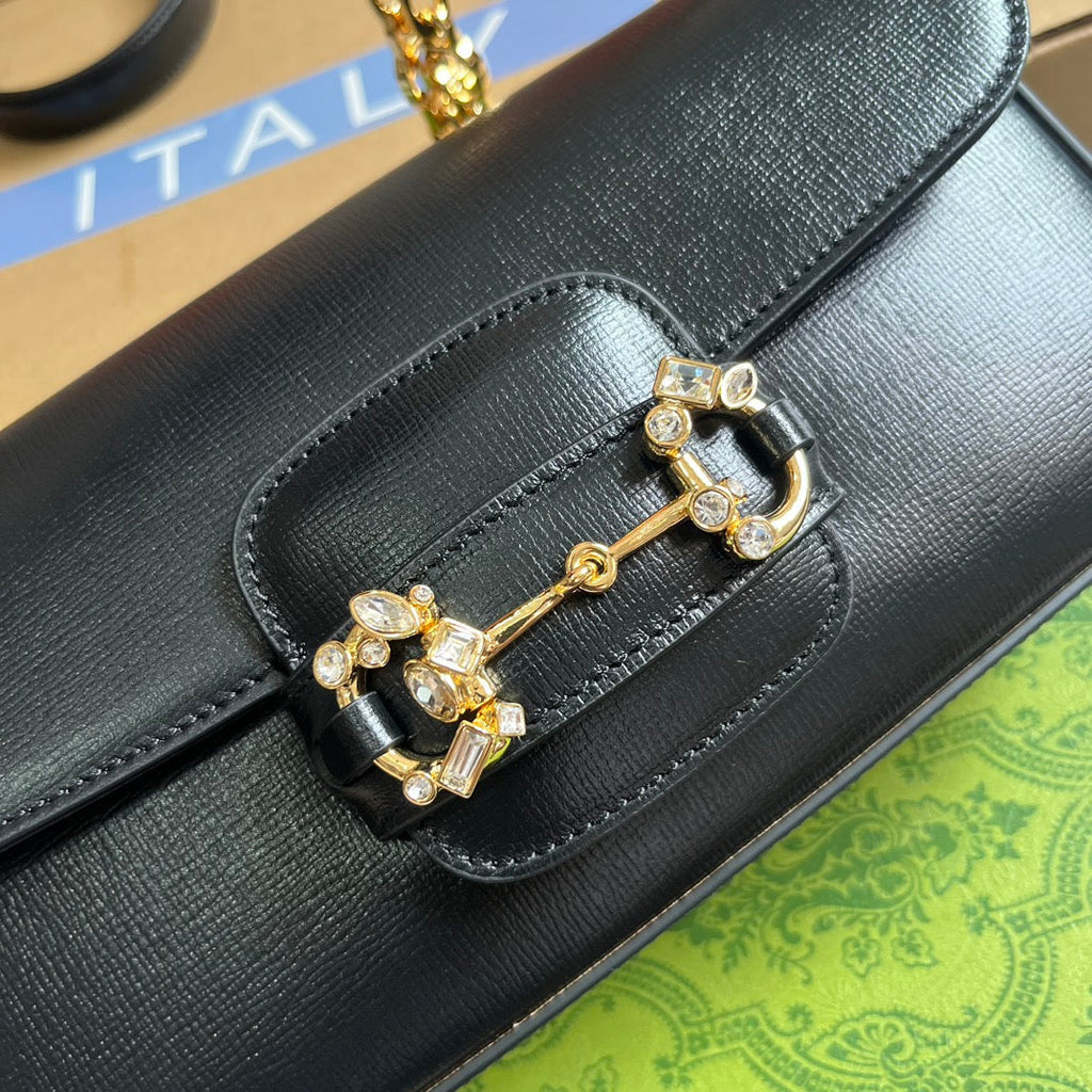 GUCCI DIAMOND HORSEBIT SHOULDER BAG 24 IN BLACK CALFSKIN GOLD HARDWARE