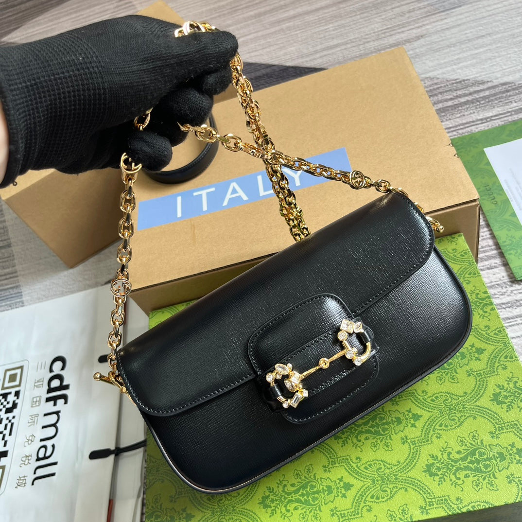 GUCCI DIAMOND HORSEBIT SHOULDER BAG 24 IN BLACK CALFSKIN GOLD HARDWARE