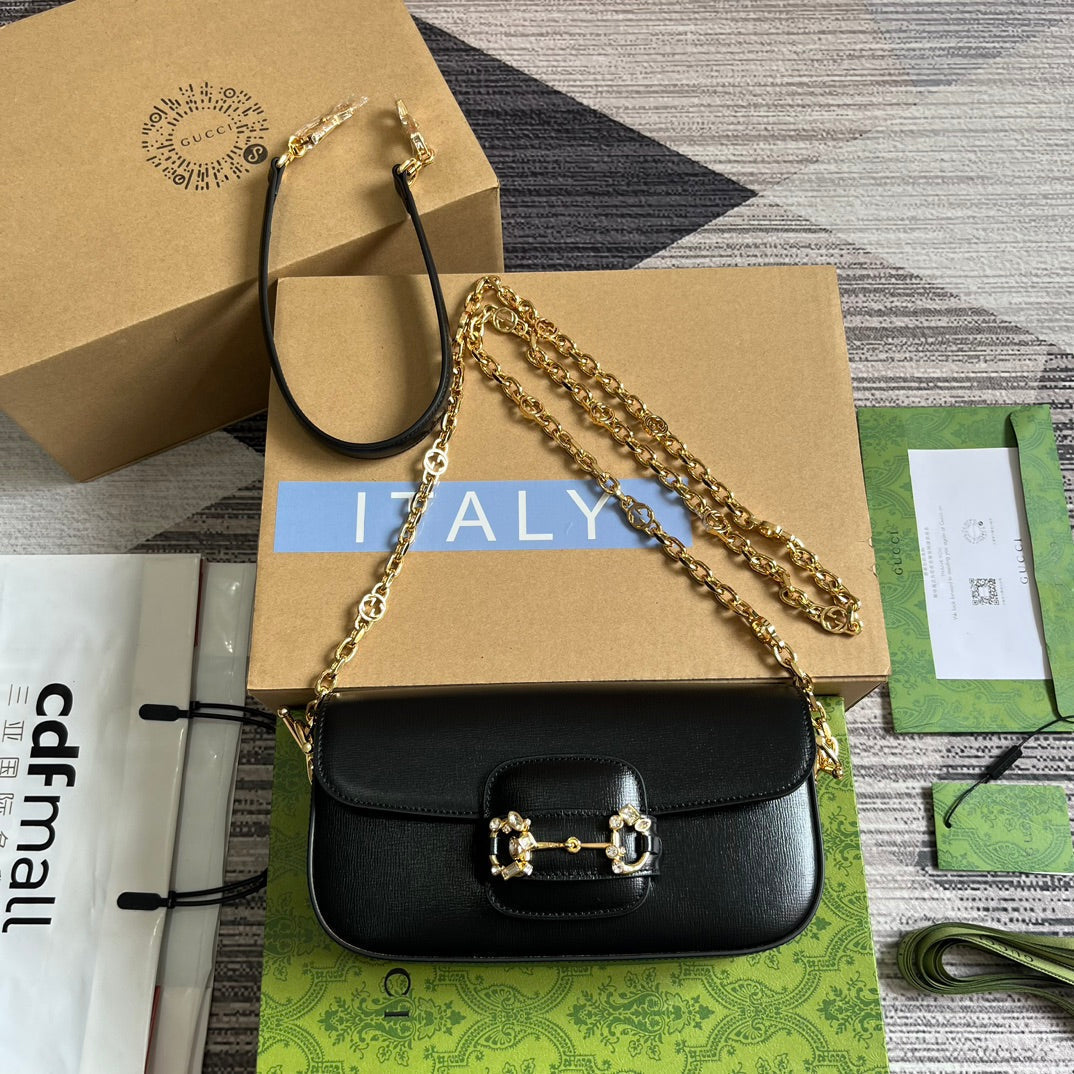 GUCCI DIAMOND HORSEBIT SHOULDER BAG 24 IN BLACK CALFSKIN GOLD HARDWARE
