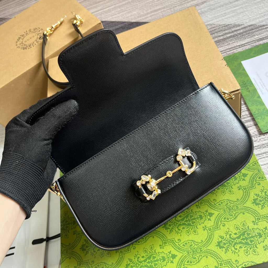 GUCCI DIAMOND HORSEBIT SHOULDER BAG 24 IN BLACK CALFSKIN GOLD HARDWARE