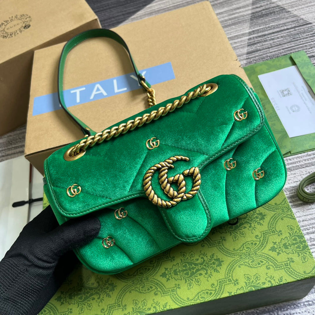 GUCCI MARMONT MINI 22 BAG IN COOL GREEN VELVET