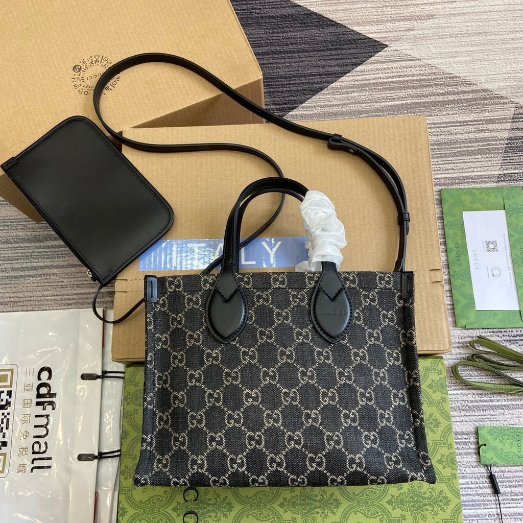 GUCCI OPHIDIA  27 MEDIUM TOTE BAG BLACK DENIM