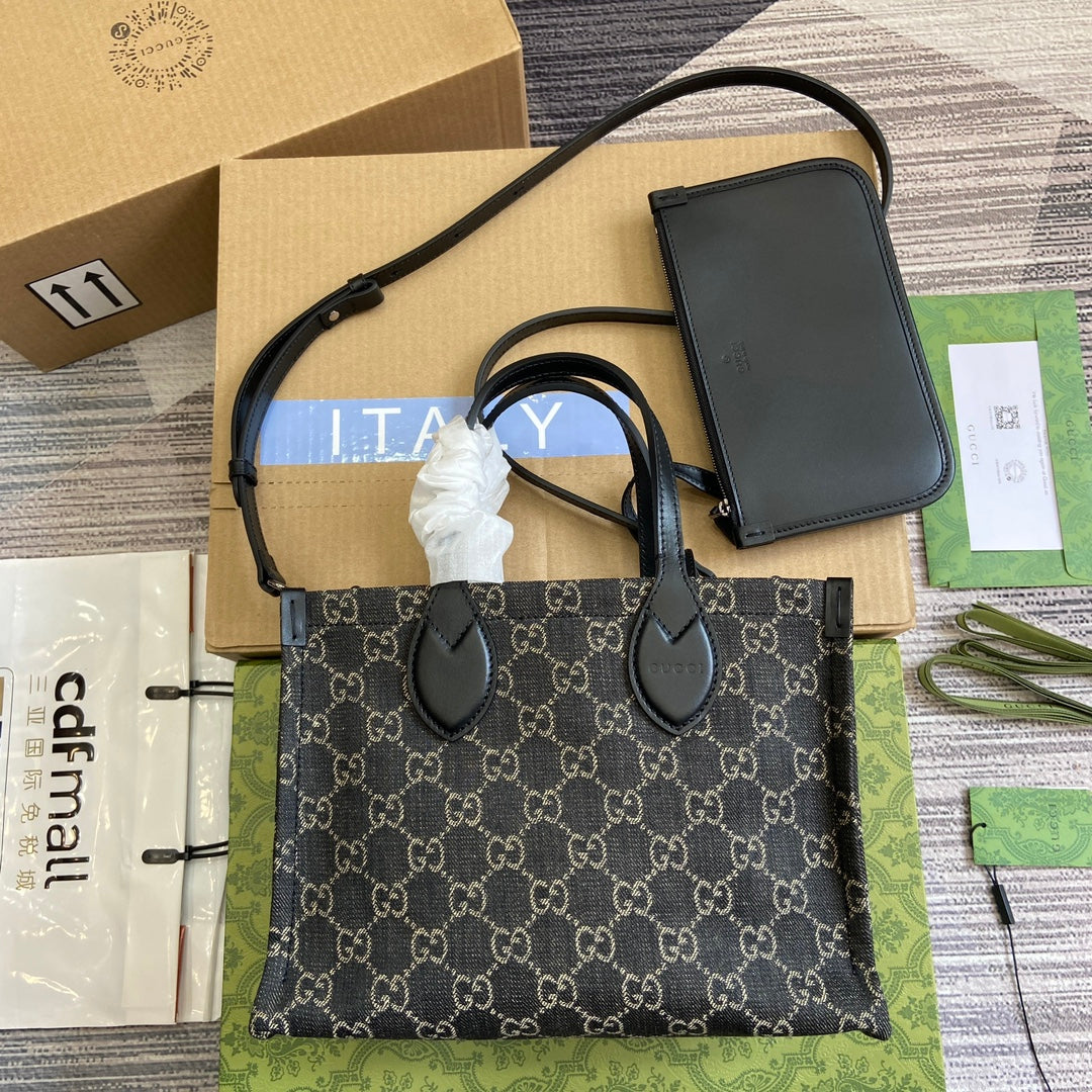 GUCCI OPHIDIA  27 MEDIUM TOTE BAG BLACK DENIM