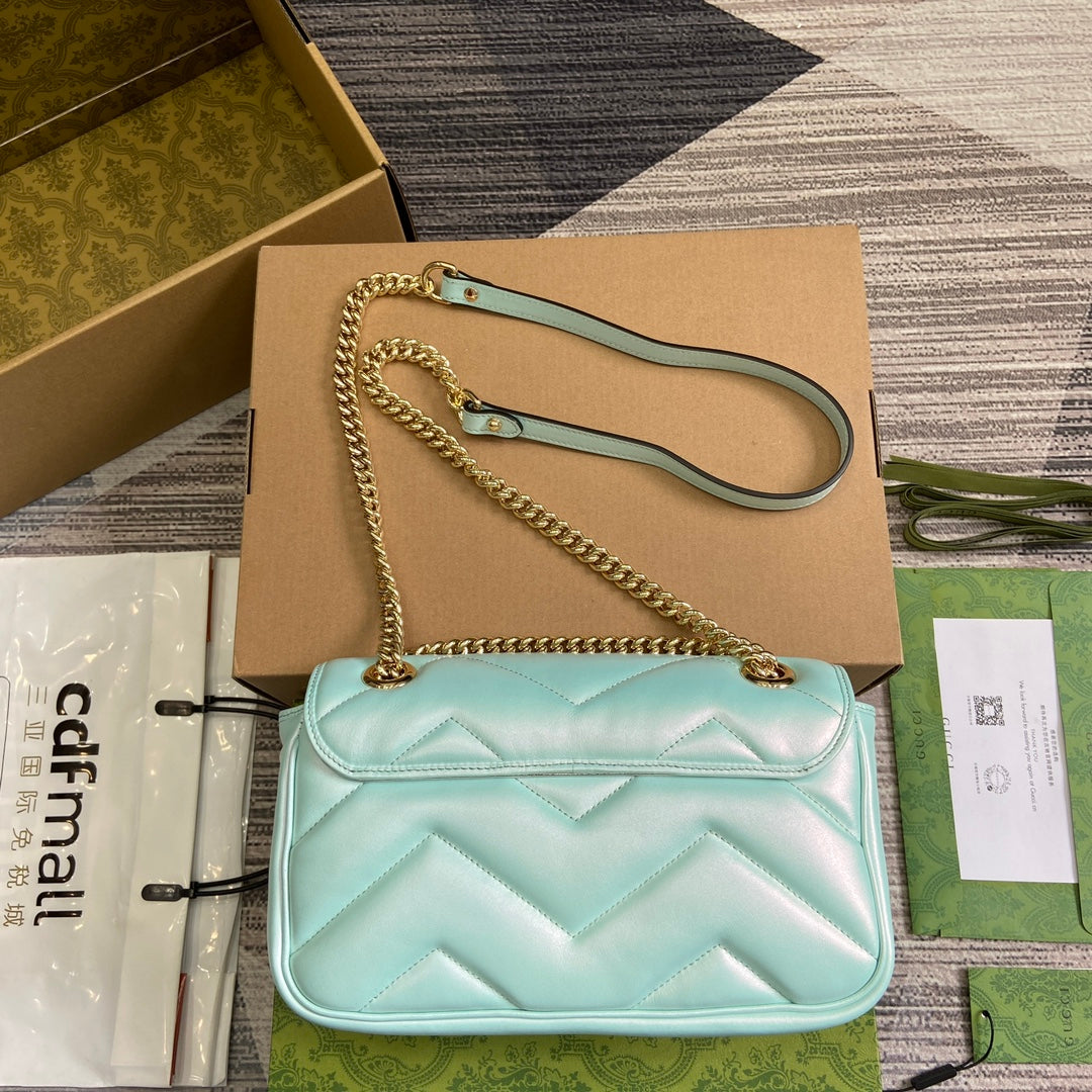 GUCCI MARMONT 26 MEDIUM SHOULDER BAG BLUE IRIDESCENT CALFSKIN