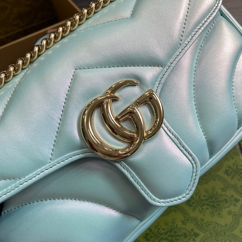 GUCCI MARMONT 26 MEDIUM SHOULDER BAG BLUE IRIDESCENT CALFSKIN