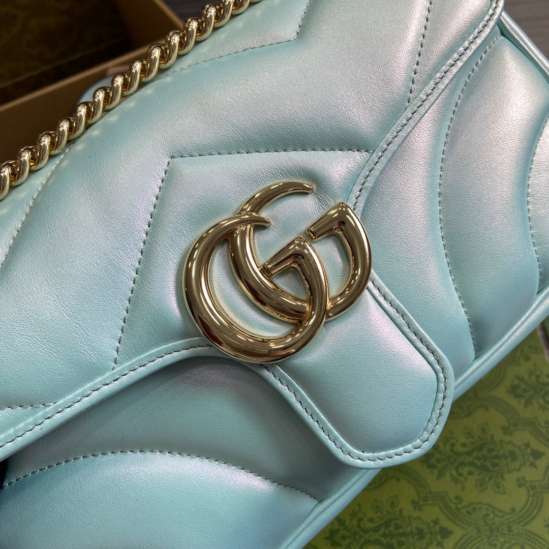 GUCCI MARMONT 26 MEDIUM SHOULDER BAG BLUE IRIDESCENT CALFSKIN