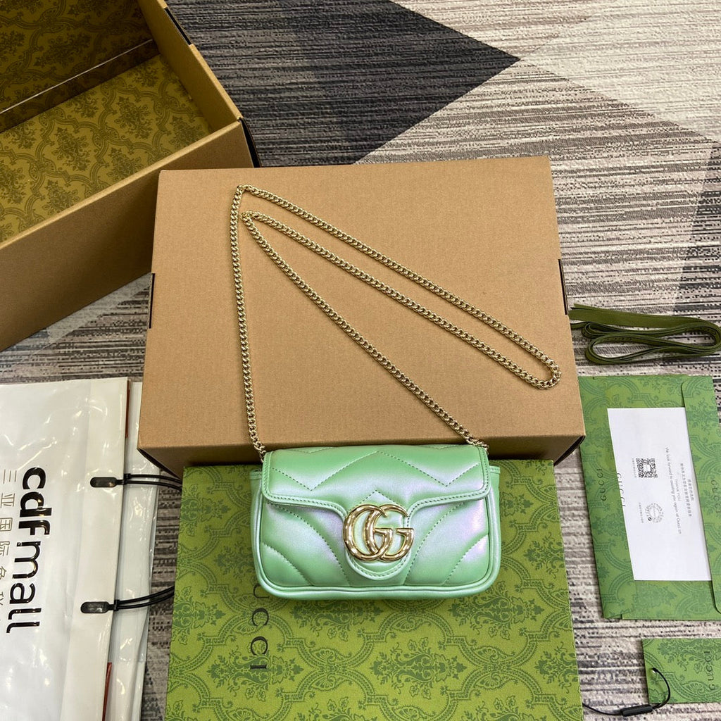 GUCCI MARMONT 16 MINI SHOULDER BAG GREEN IRIDESCENT CALFSKIN