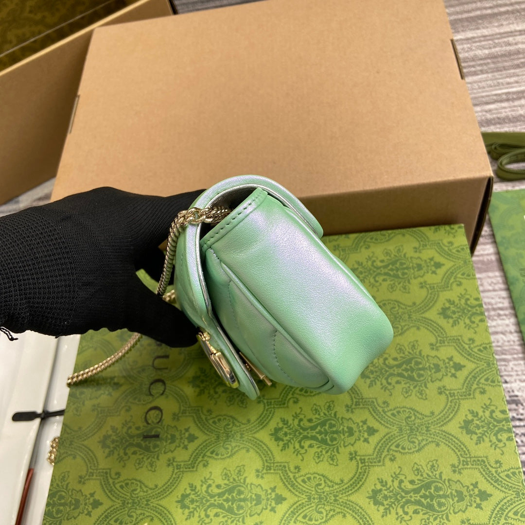 GUCCI MARMONT 16 MINI SHOULDER BAG GREEN IRIDESCENT CALFSKIN