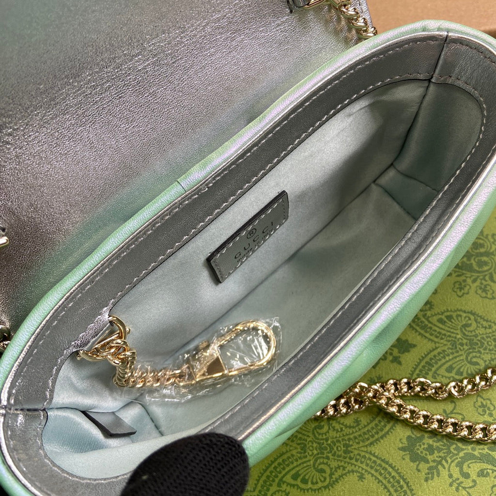 GUCCI MARMONT 16 MINI SHOULDER BAG GREEN IRIDESCENT CALFSKIN