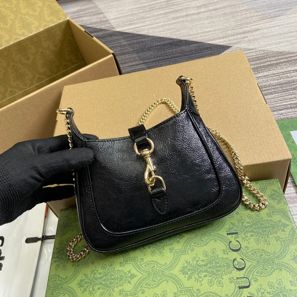 GUCCI JACKIE NOTTE MINI BAG 19 IN BLACK CRACKED LACQUER CALFSKIN GOLD HARDWARE