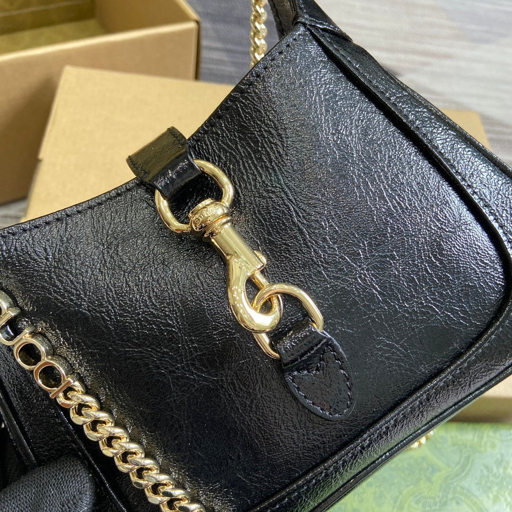 GUCCI JACKIE NOTTE MINI BAG 19 IN BLACK CRACKED LACQUER CALFSKIN GOLD HARDWARE