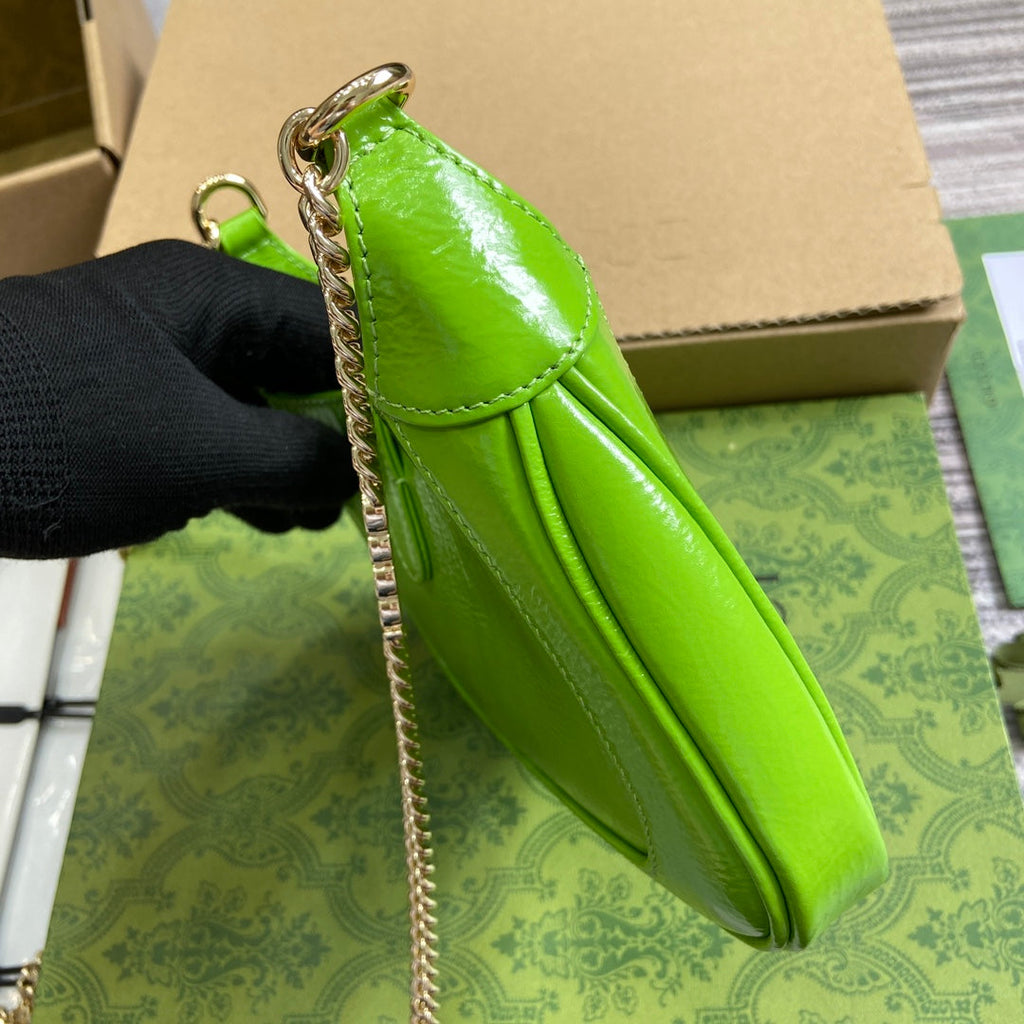 GUCCI JACKIE NOTTE MINI BAG 19 IN LIME GREEN CRACKED LACQUER CALFSKIN GOLD HARDWARE