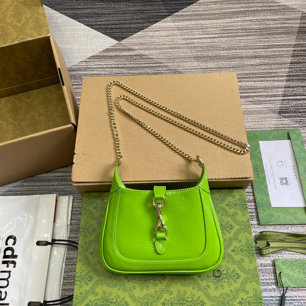 GUCCI JACKIE NOTTE MINI BAG 19 IN LIME GREEN CRACKED LACQUER CALFSKIN GOLD HARDWARE