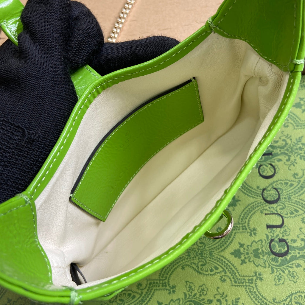 GUCCI JACKIE NOTTE MINI BAG 19 IN LIME GREEN CRACKED LACQUER CALFSKIN GOLD HARDWARE